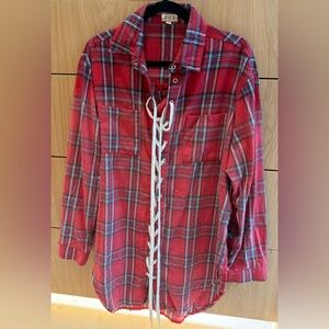 •POL• Women Shirt Size M Red Plaid Oversized Long Sleeve Top with Lace Up Front